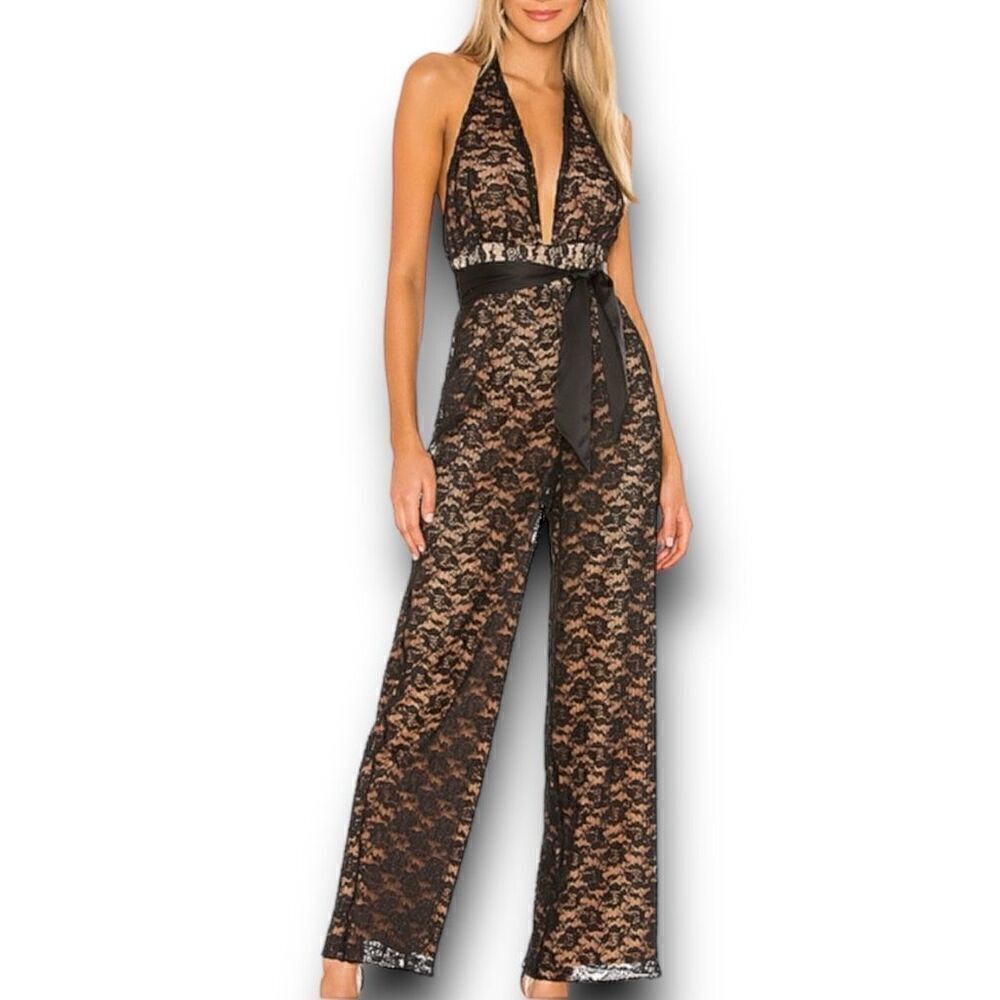 MAJORELLE x Revolve Salinas Black Lace Overlay Halter Jumpsuit, NWT Women’s XS
